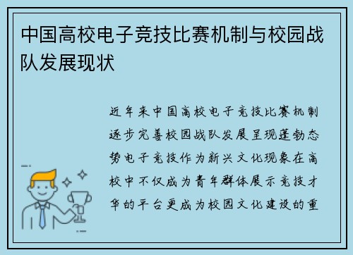 中国高校电子竞技比赛机制与校园战队发展现状